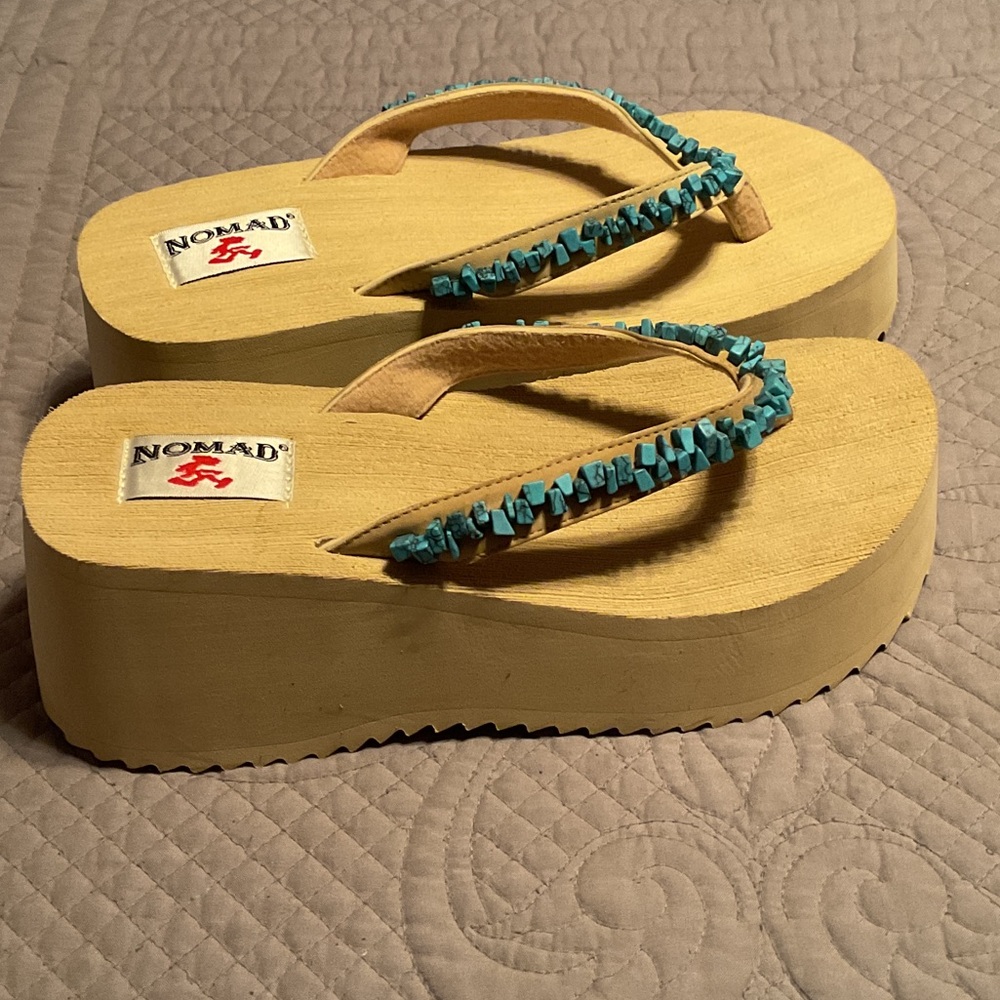 Nomad Tan and Blue Beaded Platform Sandals